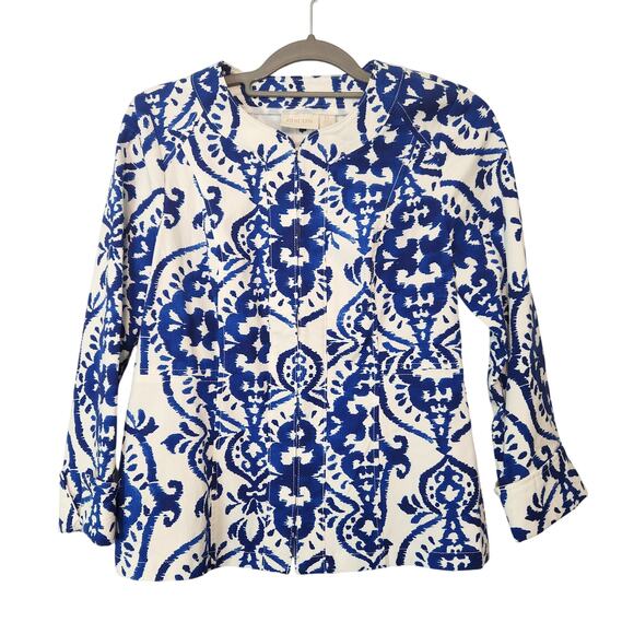 Chico's Indigo Ink Alicia Blue White Abstract Geometric Jacket Women's Size 0-Sm - Picture 8 of 9